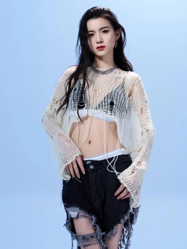 Sexy White Slash Neck Grunge Knitted Women's Sweater Hole Ripped Pullover Crop Top Harajuku Hollow Out Fashion Summer Jumpers