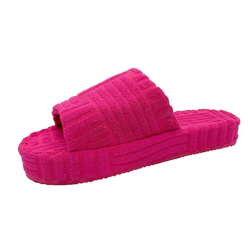 2024 Women New Luxury Brand One-Word Thick-Soled Warm Furry Women's Shoes Embossed Cotton Drag Outdoor All-Match Casual Slippers