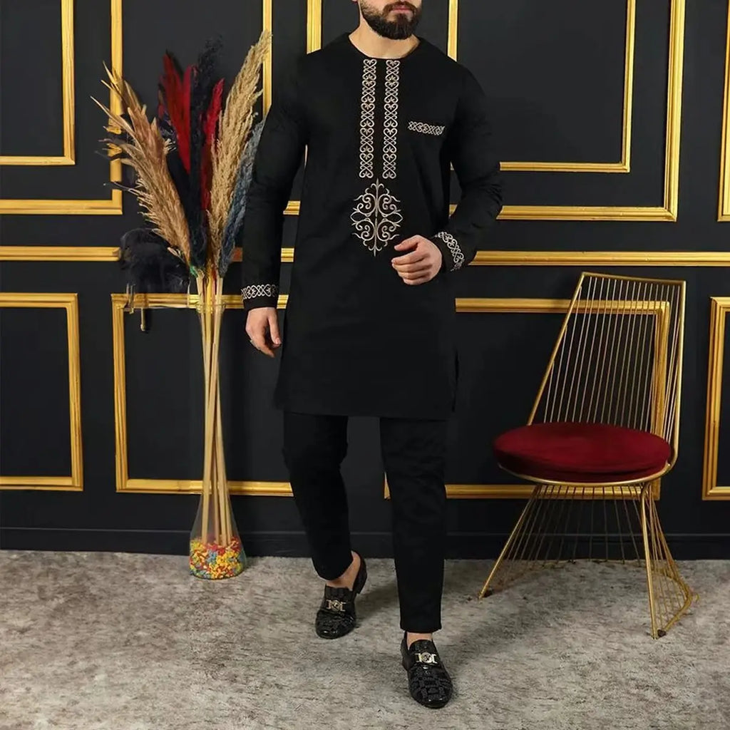 Kaftan Elegant Men's Suit Long Sleeve Ethnic Style Casual EmbroideryTop And Pants 2PCS Sets African Fashion Traditional Outfits