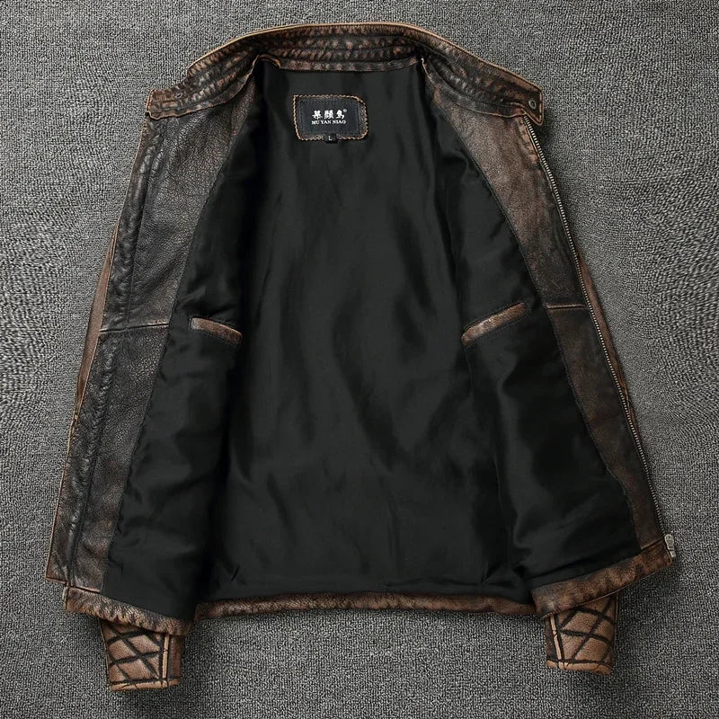 NEW Men's Vintage Motorcycle Jacket Stand Collar Natural Cowhide Jacket Classic Top Layer Cowhide Moto Suit Biker Clothing