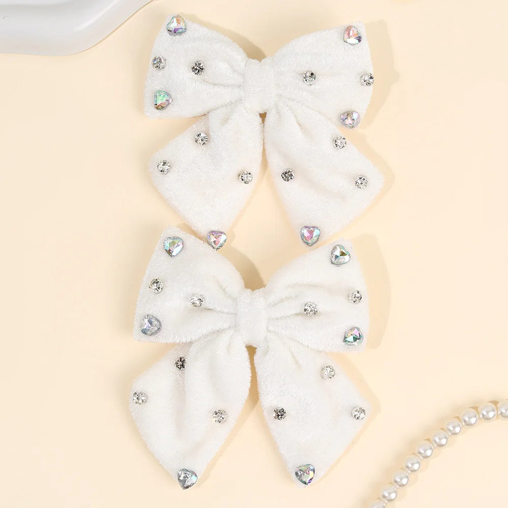 Velvet Bow Hair Clips with Heart Rhinestone Detail, 2-Pack