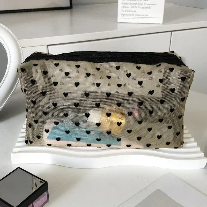 Nylon Mesh Cosmetic Bag Multifunctional Zipper Heart Shaped Toiletry Organizer Makeup Bags Women Lipstick Key Coin Purse Pouch