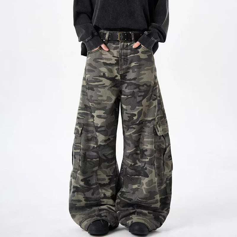 PFNW Camouflage Men Wide-Leg Cargo Pants 2025 Autumn New Trendy Contrast Color High Street Male Trousers