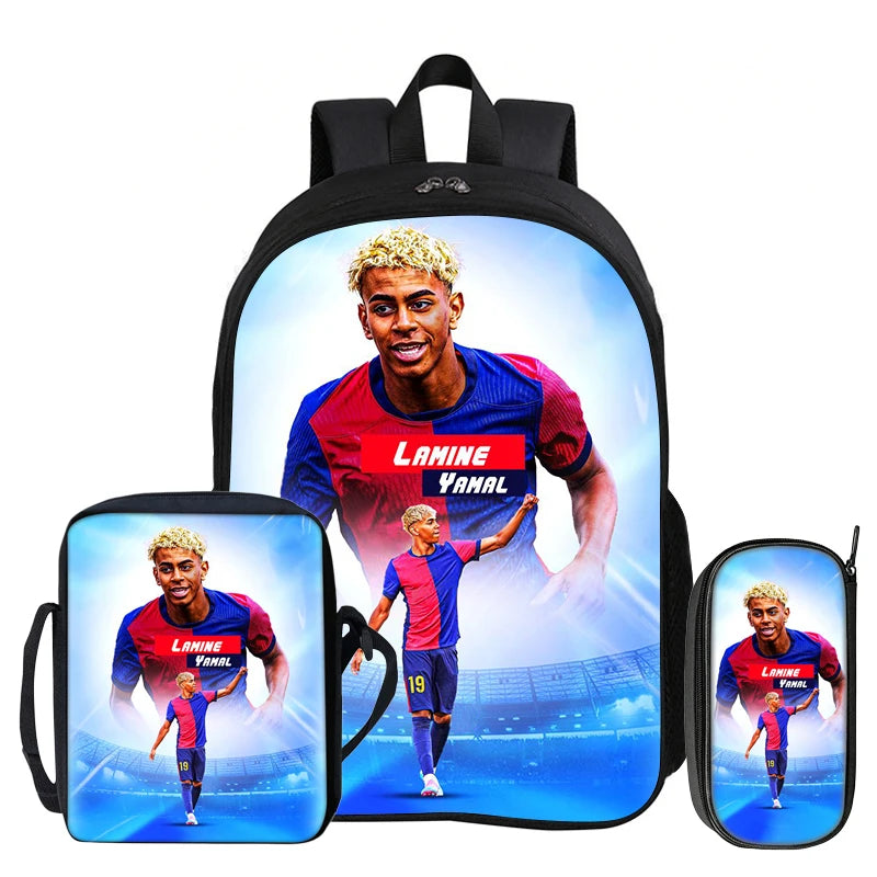 3Pcs Set Kids Backpack Football Sport Bookbag Football Star Rucksack L-Lamin Yamal Student School Shoulder Bag,Pencil Bags