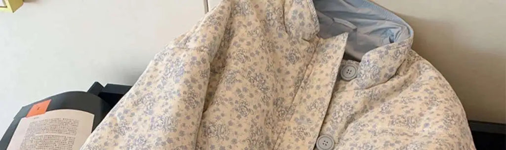 Blue Printed Stand Up Collar Cotton Jacket For Women's Winter 2024 New Casual Loose Korean Version Sweet Warm Cotton Jacket