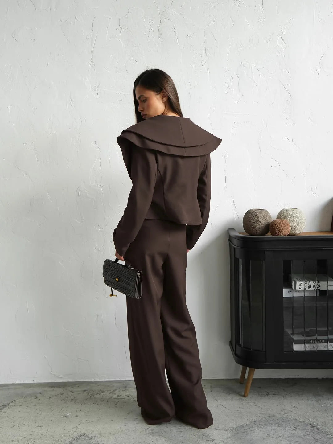 Chic Big Lapel Coat Pants Women Set Elegant Full Sleeve Single Breasted V-neck Straight Loose Trousers Solid Autumn Fashion Set
