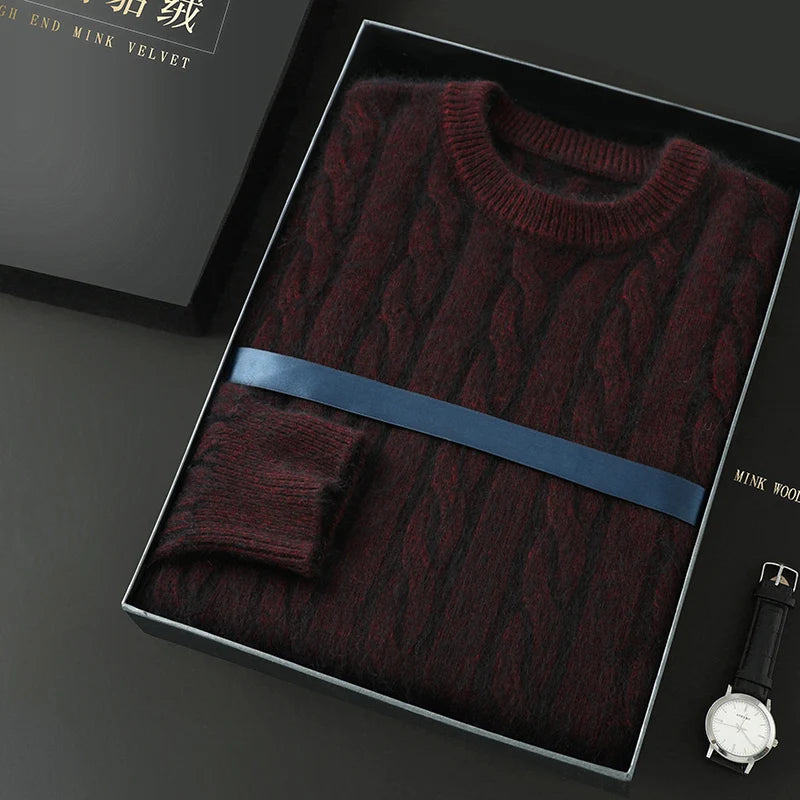 Men's Round Neck Pullover Sweater For Autumn Winter 100% Pure Mink Cashmere Knitted Sweater, Casual Long Sleeved Thick Warm Base