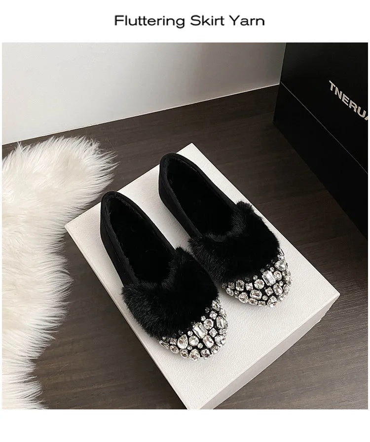Luxury Glitter Rhinestone Ladies Plush Flat Shoes Female Cozy Crystal Decorate Loafers Winter Warm Walking Driving Shoes Casual