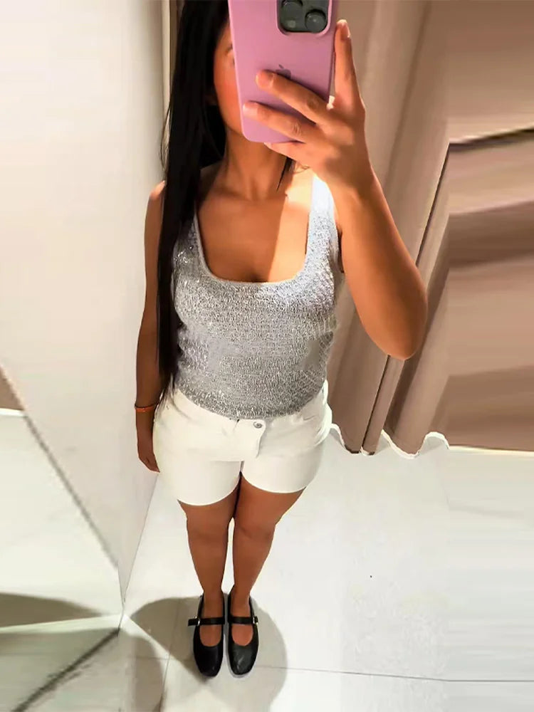 Women's Tank Tops Knitted Sequined Vests Summer Female Square Collar Sleeveless Backless Bodycon Crop Top Chic Lady Knitwear New