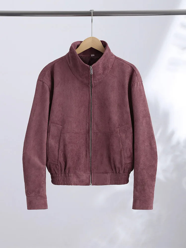 Women Dusty Faux Suede Bomber Jacket Stand Collar Zip Up Loose Drop Shoulder Elastic Hem Casual Fall Outerwear 2026 Fashion Coat