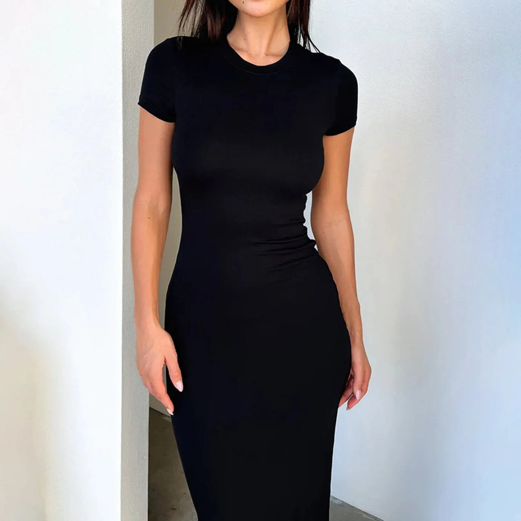 Sexy Skinny Women's Bodycon Party Dress Fashion O-neck Short Sleeve Solid Color Wraped Hip Package Long Dress Female Sexy Dress
