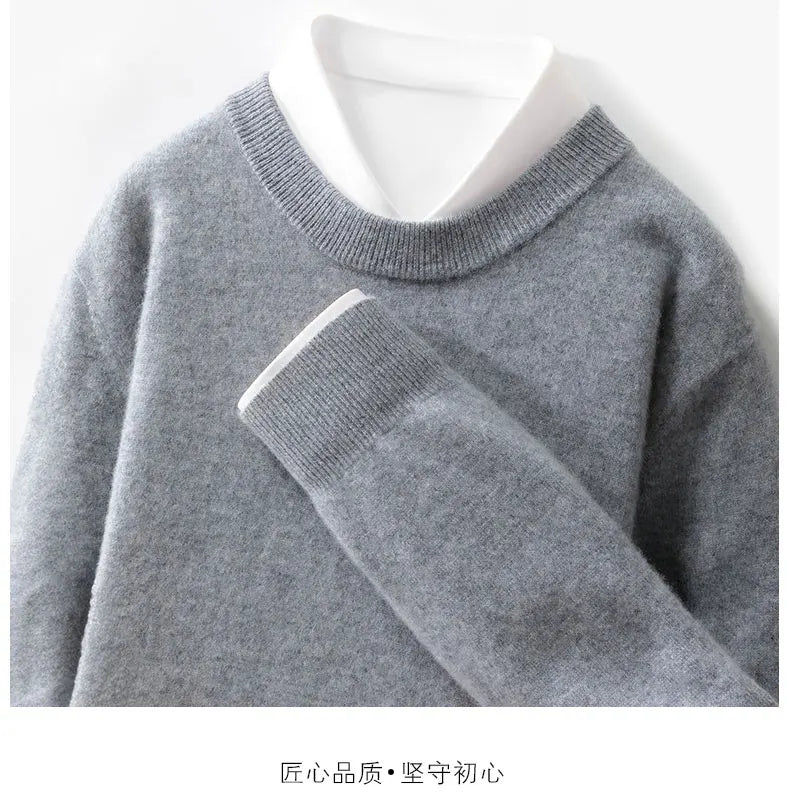100% wool men's round neck solid color loose knit cashmere pullover for business and leisure, keeping warm in autumn and winter