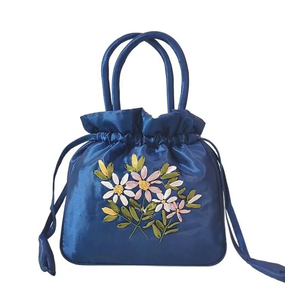 Retro Elegant Satin Silk Embroidery Totes for Women Floral Drawstring Handbag Hanfu Woman Purse Wallet Small Tote Bags