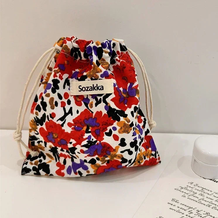 Kawaii Cloth Floral Drawstring Storage Bag Cosmetic Organizer for Women Makeup Handbags Wallet Small Pouch