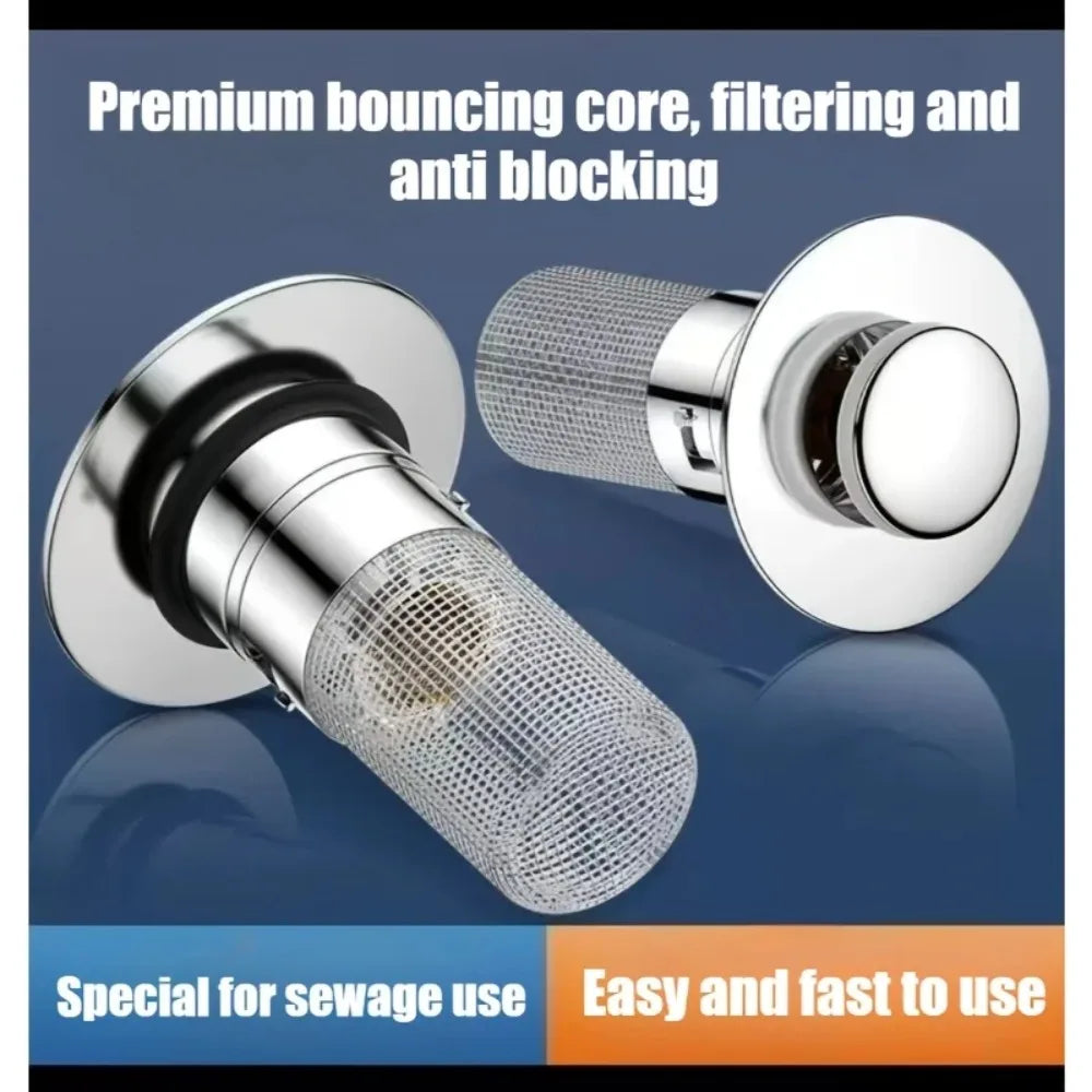 Stainless steel filter washbasin leak proof plug bathroom kitchen sink floor drain plug, equipped with copper core rebound valve