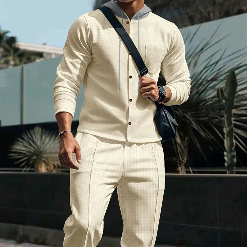 Men's American Autumn Waffle Casual Hooded Color-blocking Long-sleeved Cardigan Jacket And Trousers Set