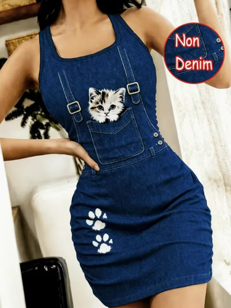 Women’s Spring and Summer Casual Home Wear, Tailored Waistcoat with Sleep Dress, Faux Denim, cartoon Cat Print, Sleeveless Sleep
