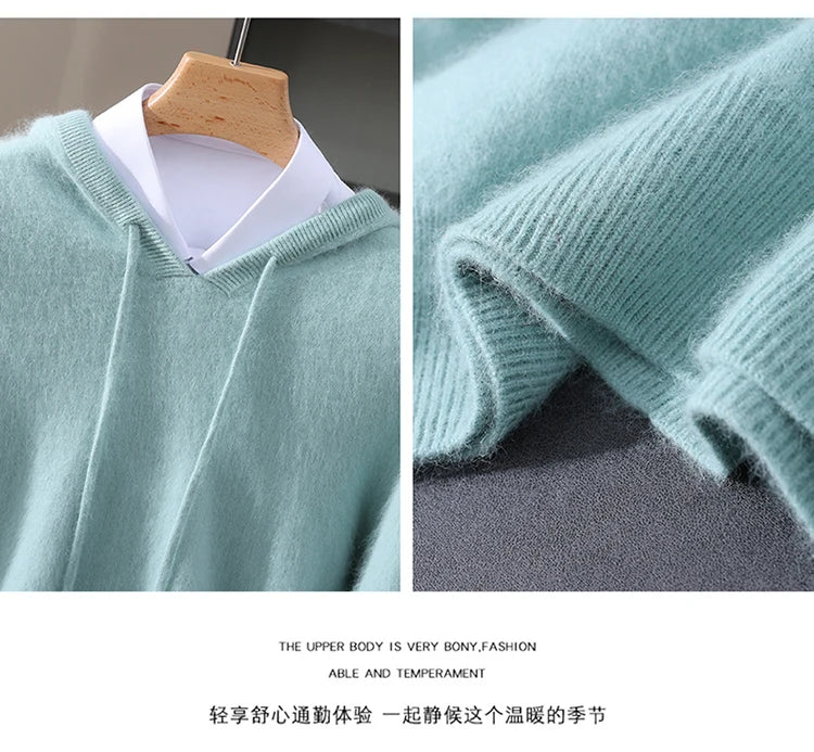 LHZSYY 100% Pure Mink Cashmere Hooded Sweater Men's Hooded Knitted Pullover Business Casual Loose Hoodie Autumn Bottoming Shirt