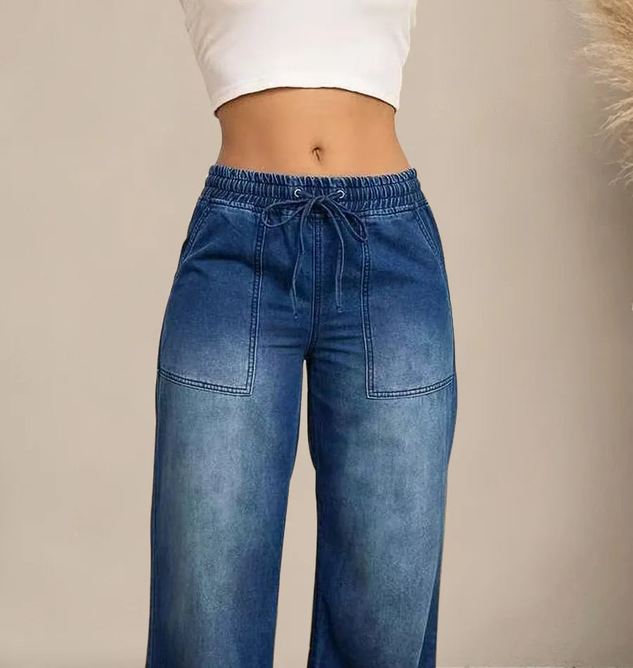 Chic High Waist Drawstring Denim Pants Women's Straight Wide Leg Jeans Fashion Trousers