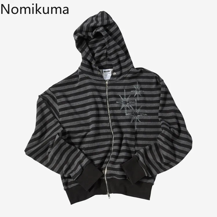 Streetwear BF Hoodies Coats 2025 Women's Clothing Loose Striped Hooded Sweatshirts Casual Fashion Zipper Korean Hoodie Y2k Tops
