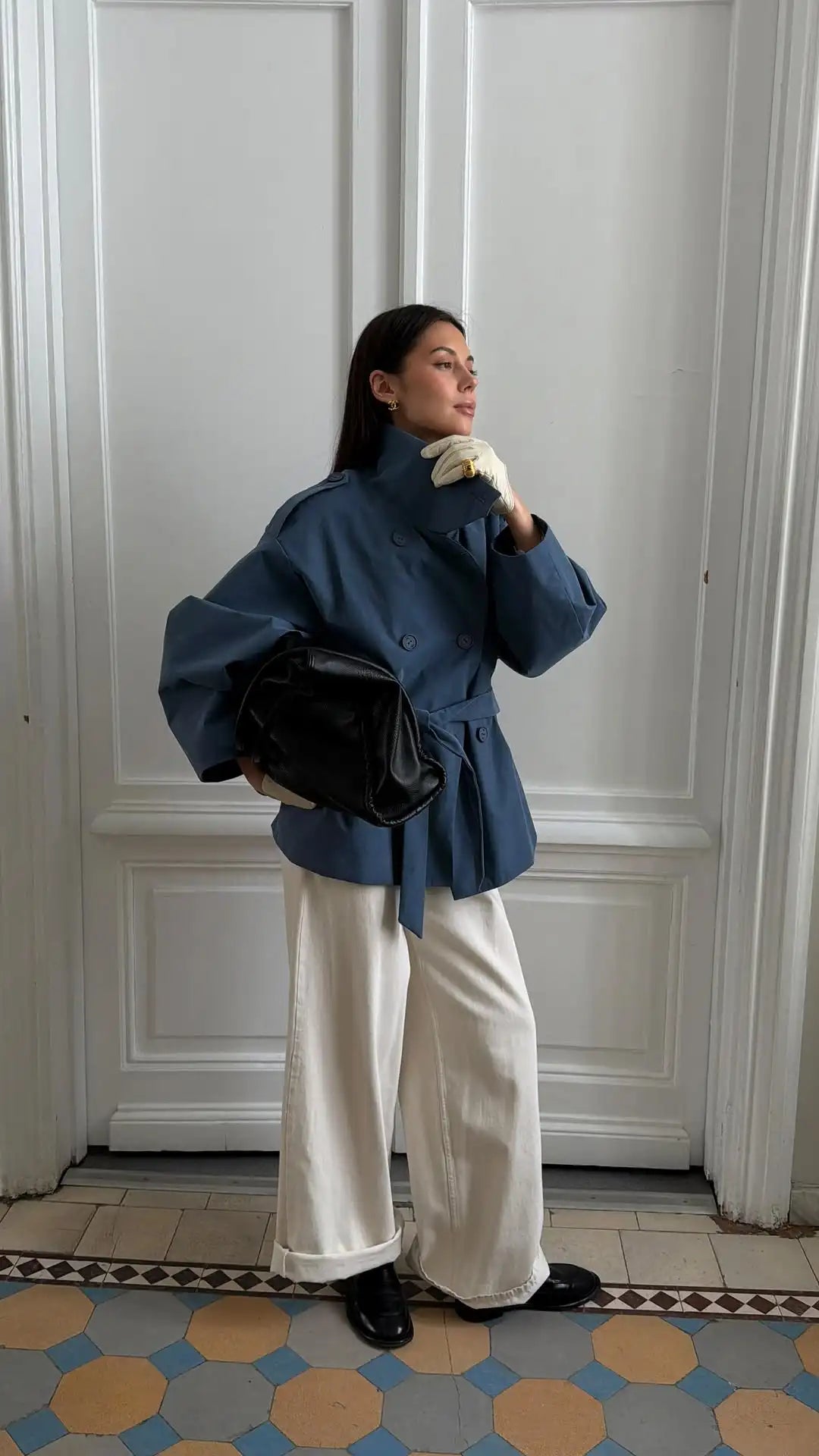 Women Chic Double Breasted Casual Trench Coat Stand Collar Full Sleeve Blue Lace-up Loose Windbreaker 2026 Lady Commute Wear