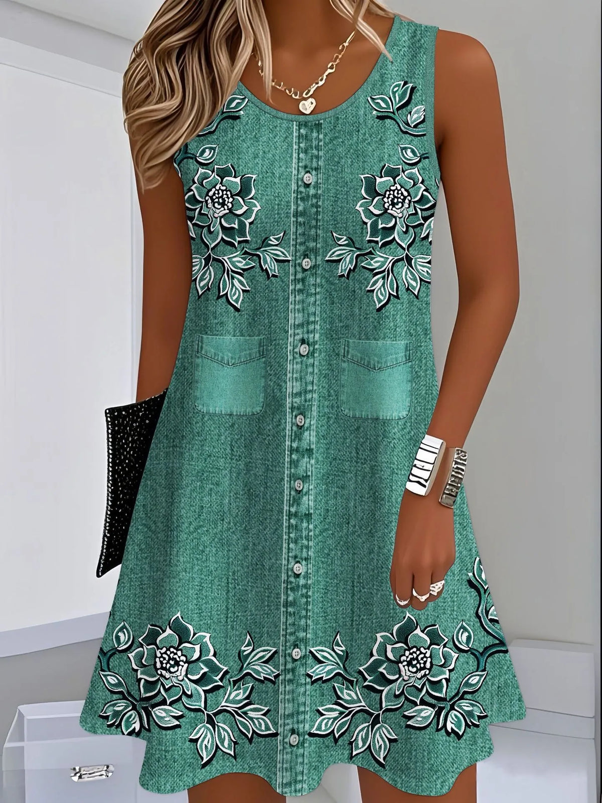 Women's Casual Summer Dress Sleeveless Loose Fit Round Neck Pullover Mid Length 3D Print for Women Beach Camping Hiking Outfit