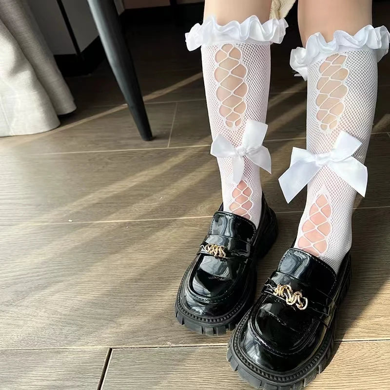 Girls Long Tube Lace Stockings Sweet Bow Jacquard Pattern Mesh Sock Baby Girl Ballet Fishing Net Frilly Socks Lolita Leggings