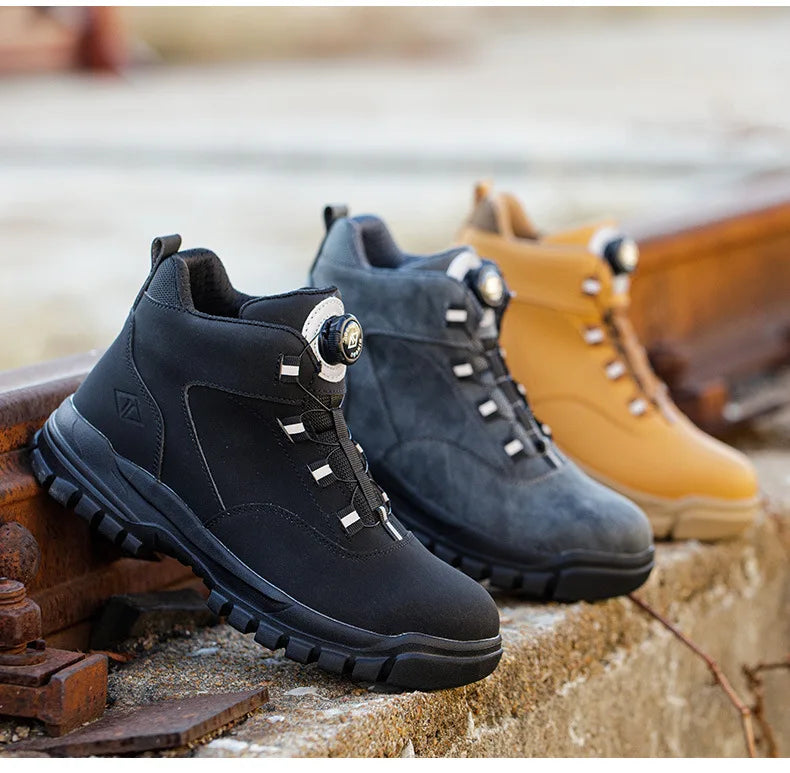 WOUDHONY Work Shoes Men Anti-smashing Anti-puncture Safety Shoes Rotating Buttons Autumn Winter Protective Work Safety Boots