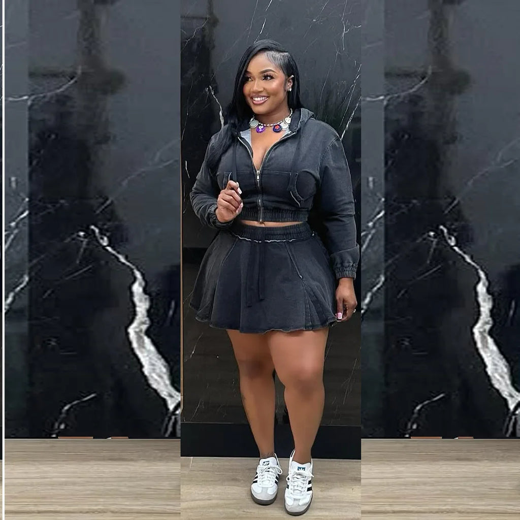 New TS1325 Women's Casual Washed Denim Short Skirt Set Fashionable Autumn Season Leisure Style Unisex Work Uniform Student Sc...