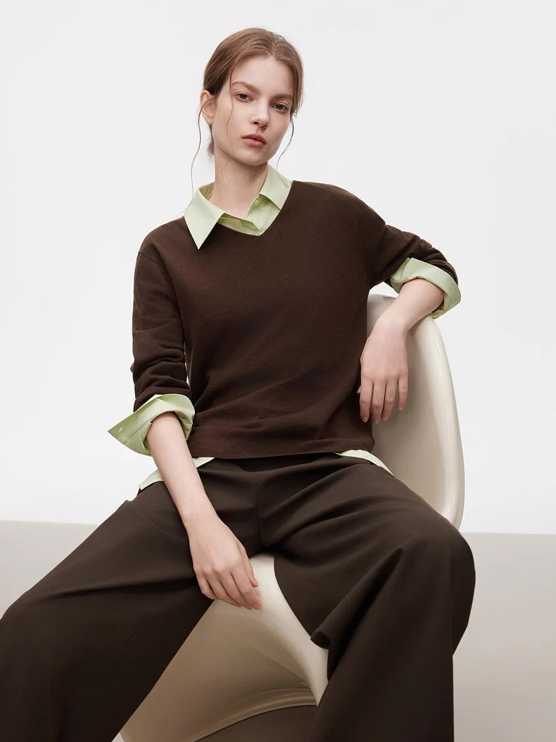 SuyaDream, Women Wool Pullovers, 5%Cashmere 92%Wool, Soft Cozy Sweaters, 2025 Fall Winter Basic Solid Knit Top