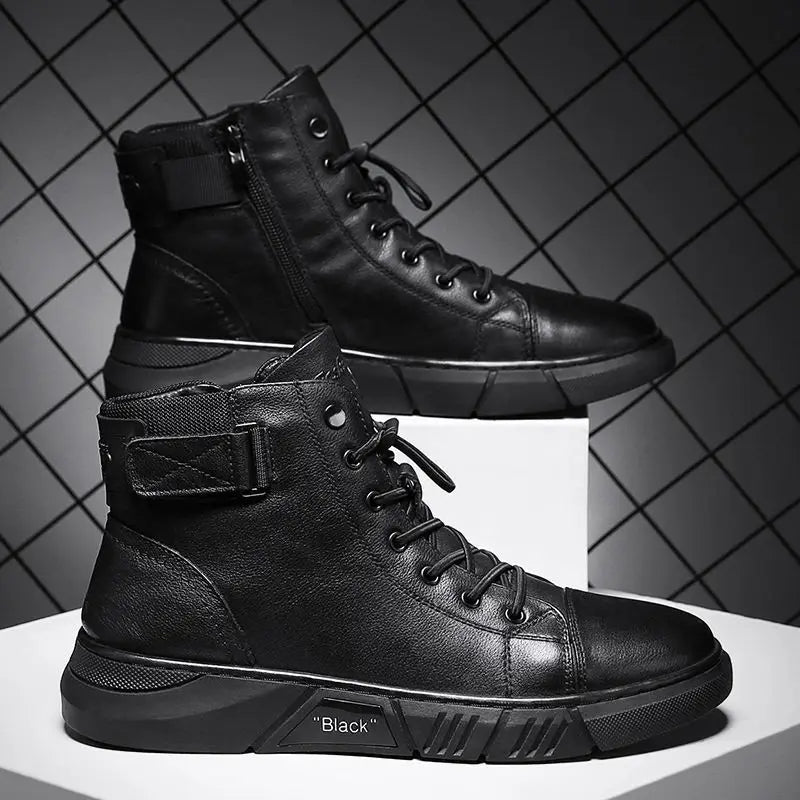 Men's Breathable Leather Casual High Top Leather Shoes Casual Men's Shoes Desert Boots British Style Black Leather Boots - Beauty