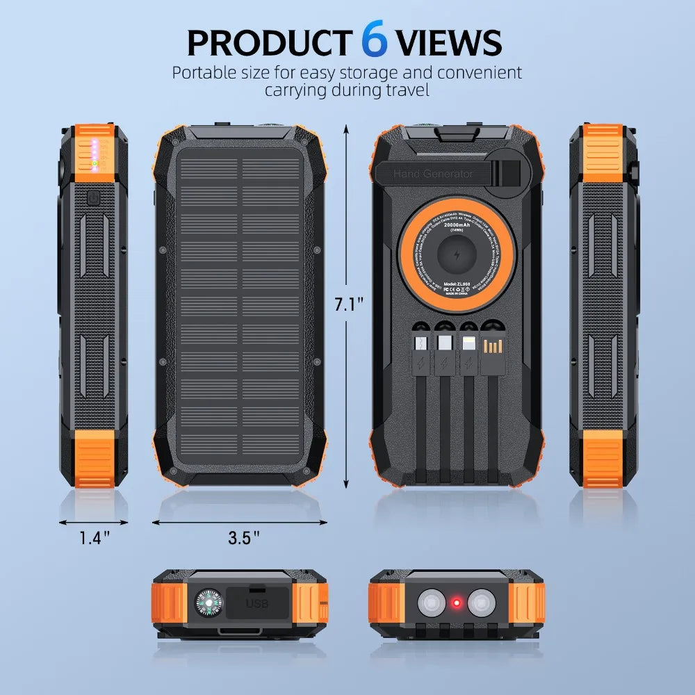 5-in-1 Solar Power Bank Hand Crank Generator 50000mAh,Fast Charge External Battery Pack,4 Built-in Cables,Wireless & Laser Light