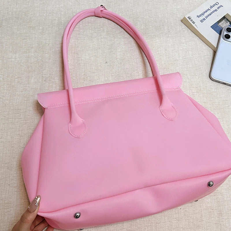 Korean Style Flap Jelly Tote Bag Large Capacity Commuter Shoulder Bag Underarm Handbag Soft Candy Color Casual Daily Work Bag