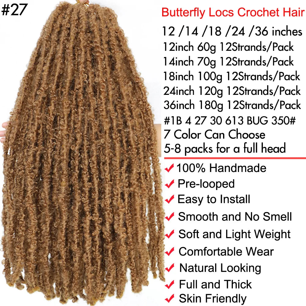 1- 6Packs Butterfly Locs Crochet Hair 36 24 18 14 12inch Pre Twisted Natural Black Distressed Faux Locs Crochet Braids for Women