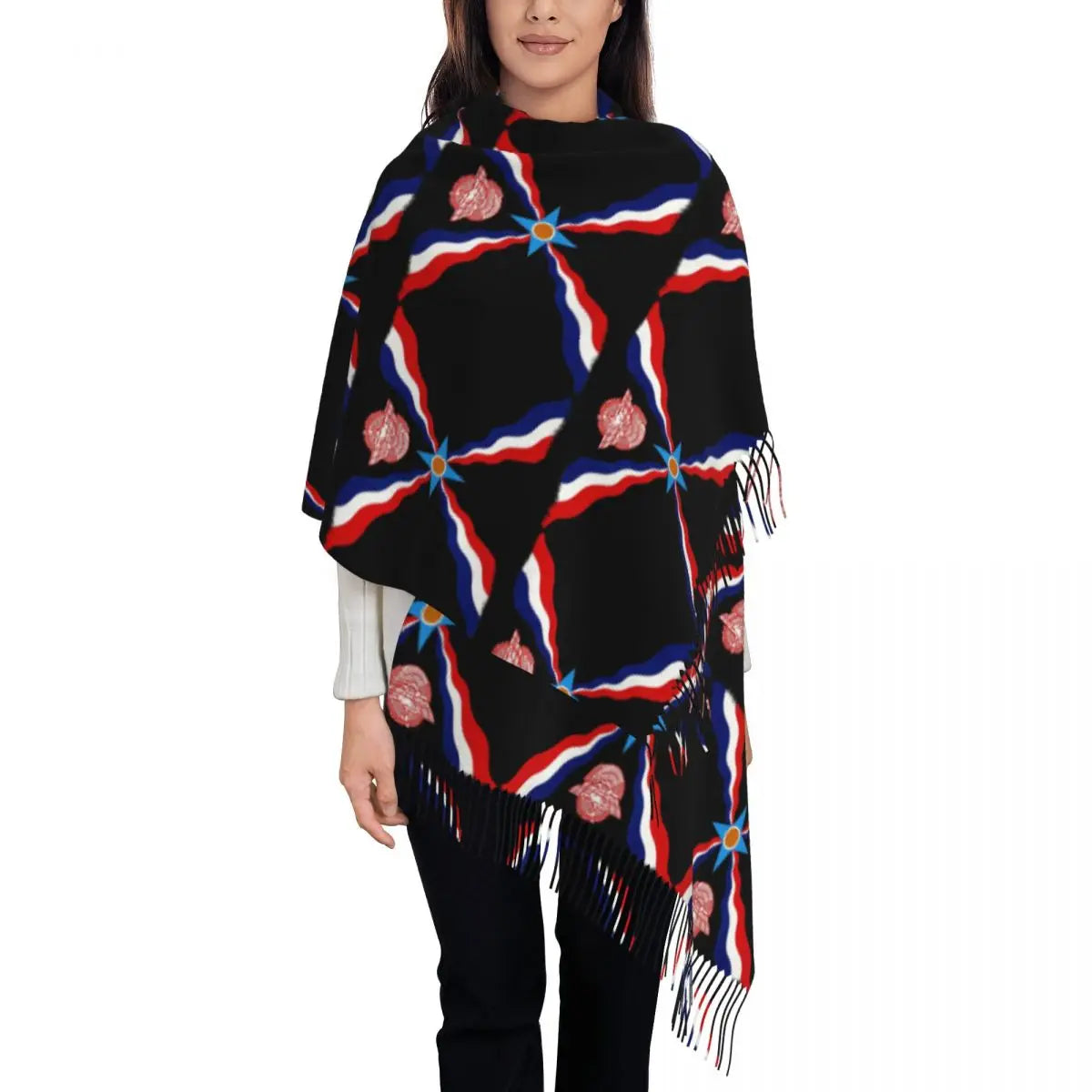 Luxury Assyrian Suryoyo Flag Scarf Tassel Scarves Women Soft Warm Shawls and Wraps Large Fall Winter Shawl Wrap