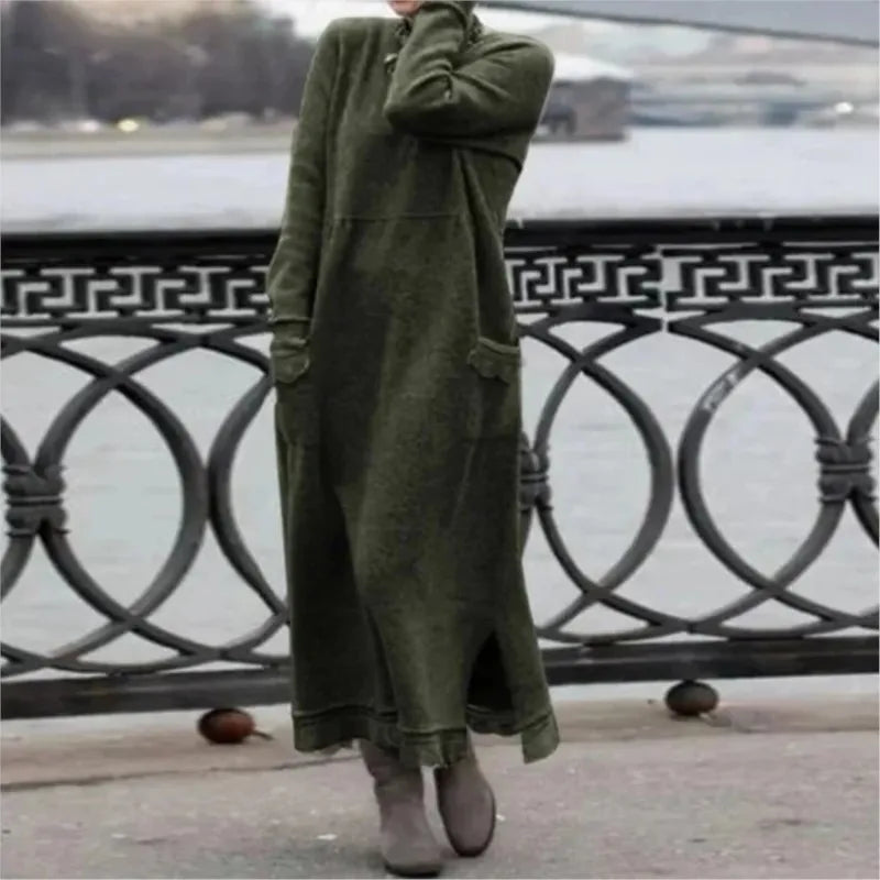 Women's Maxi Dress Autumn Winter Fashion New Style Elegant Loose Long Sleeve Hoodie Retro Casual Thick Warm Dresses For Women