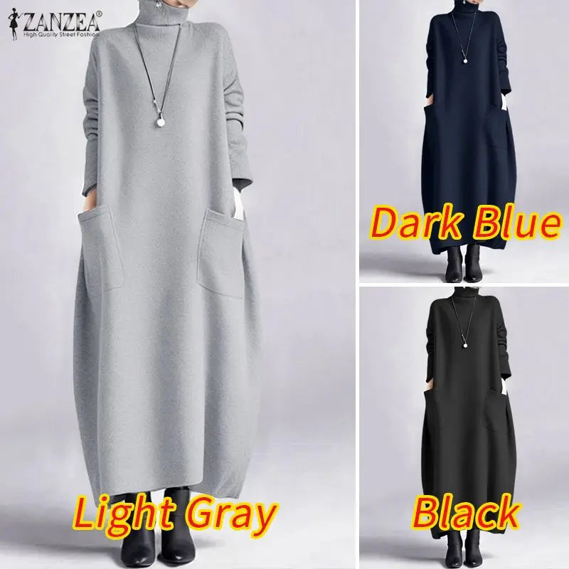 ZANZEA Fashion Sweatshirt Dress Women Casual Turtleneck Long Sleeve Solid A-Line Midi Dresses for Woman FW 2025 Cozy Warm Robes