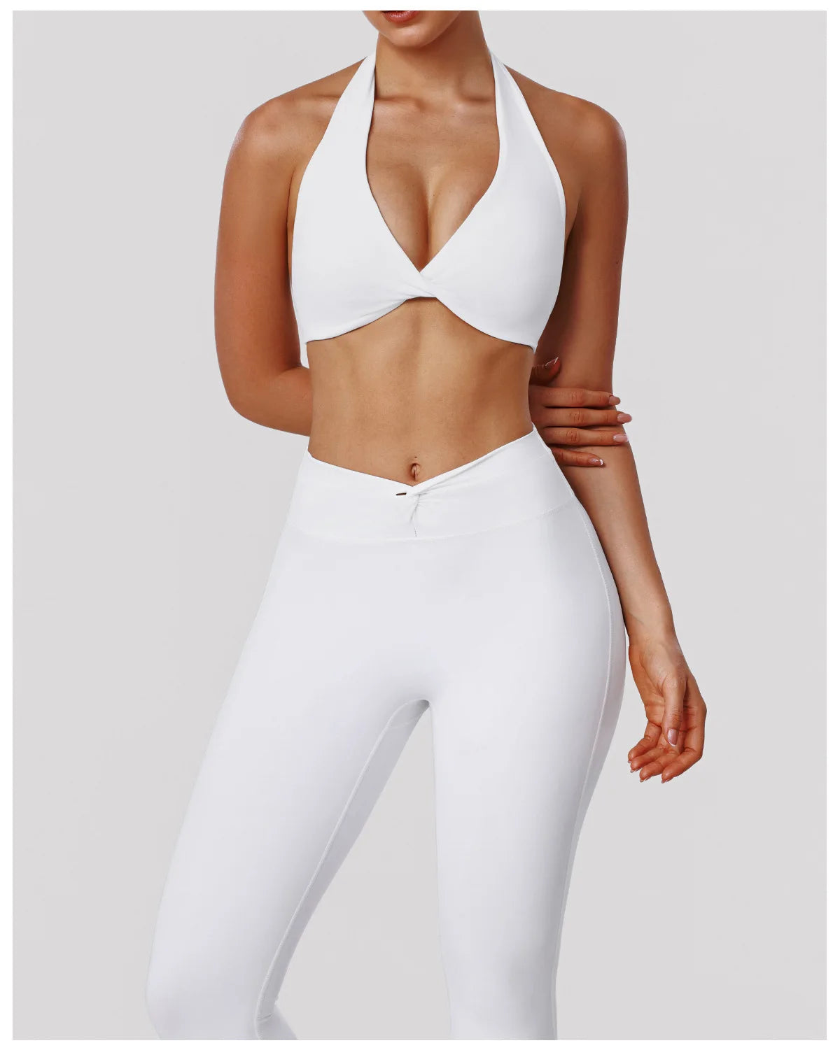 Greenora 2PCS Set Y2K Halter Neck Sports Bra Leggings Trendy Cross Waist Yoga Tracksuit Women Aesthetic White Fitness Activewear