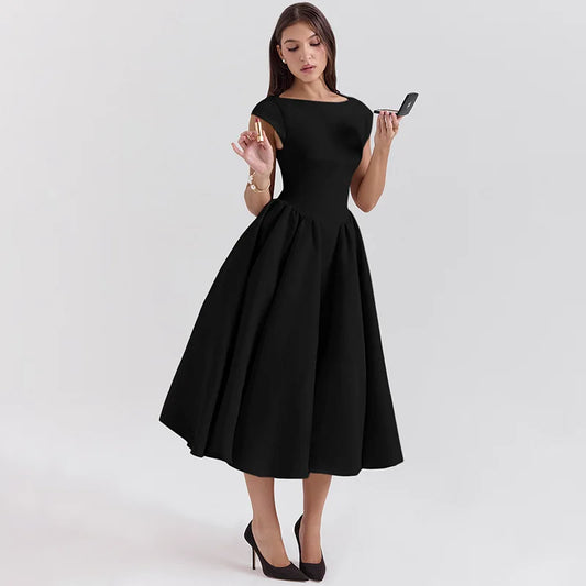 Summer new women's fashion temperament sexy backless waist slim solid color dress