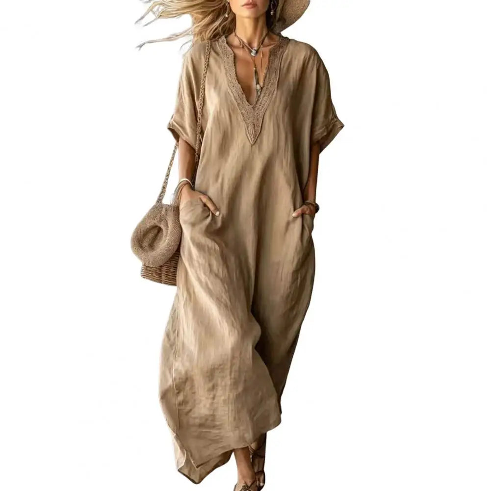 Elegant Casual Dress Women Flowy Pleated Dress Trendy Solid Dress Summer Maxi Dresses V Neck Long Sundress Short Stylish Dressse