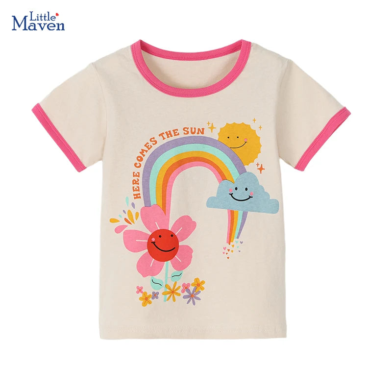 Little maven Summer Tops Baby Girls New Fashion Children's Clothing Rainbow Flowers T-shirt Cotton for Kids Clothes 2-8 Years