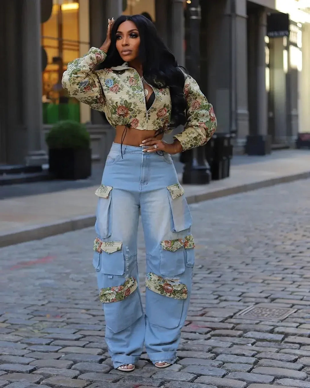 URBANCREW Floral Denim Jacket & Cargo Jeans Set — 2-Piece Streetwear