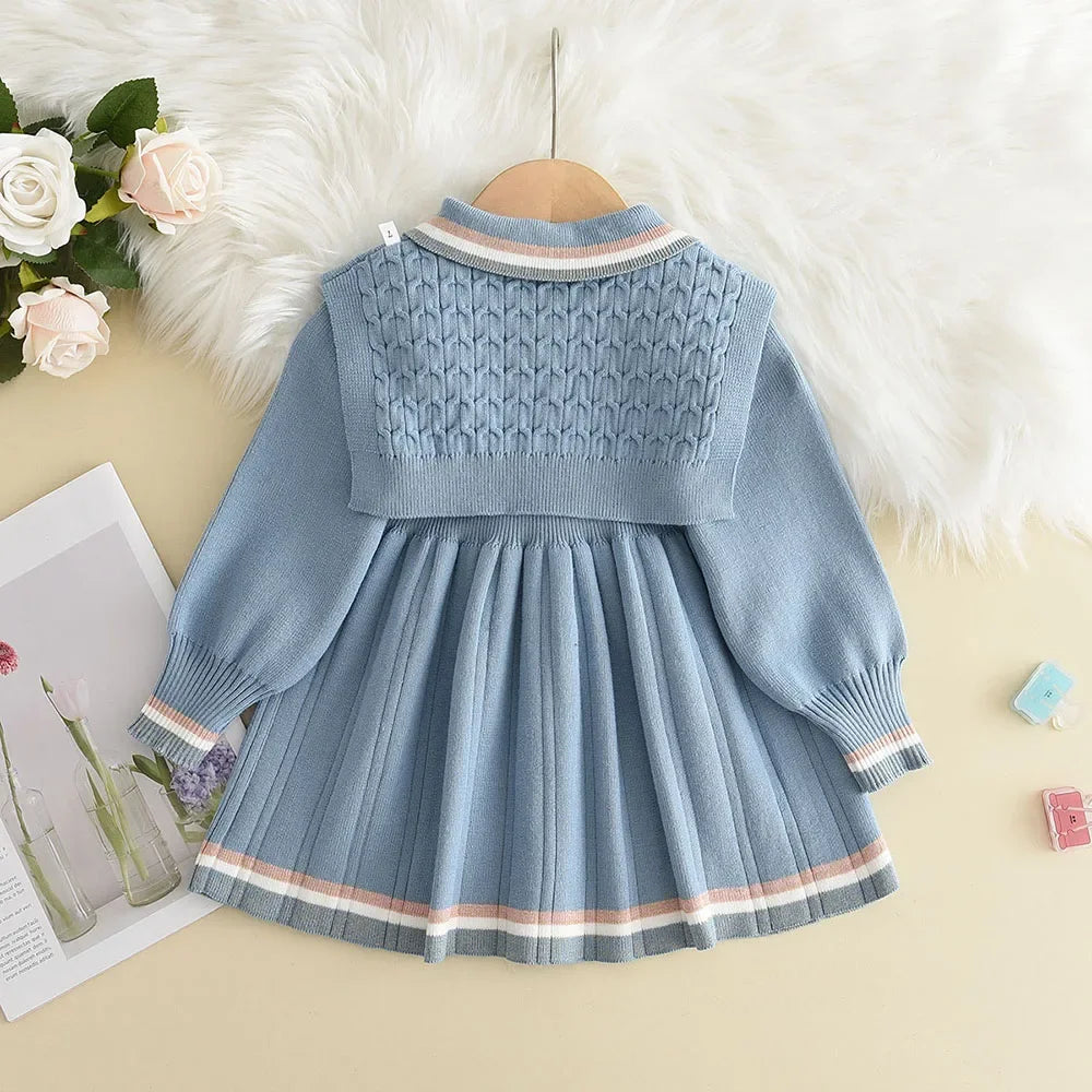 Bear Leader Kids Dresses for Girls Pearl Button Tricolor Striped Lapel Knit Skirt Winter College Style Children's Clothing
