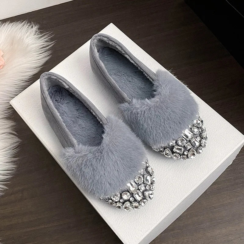 Luxury Glitter Rhinestone Ladies Plush Flat Shoes Female Cozy Crystal Decorate Loafers Winter Warm Walking Driving Shoes Casual
