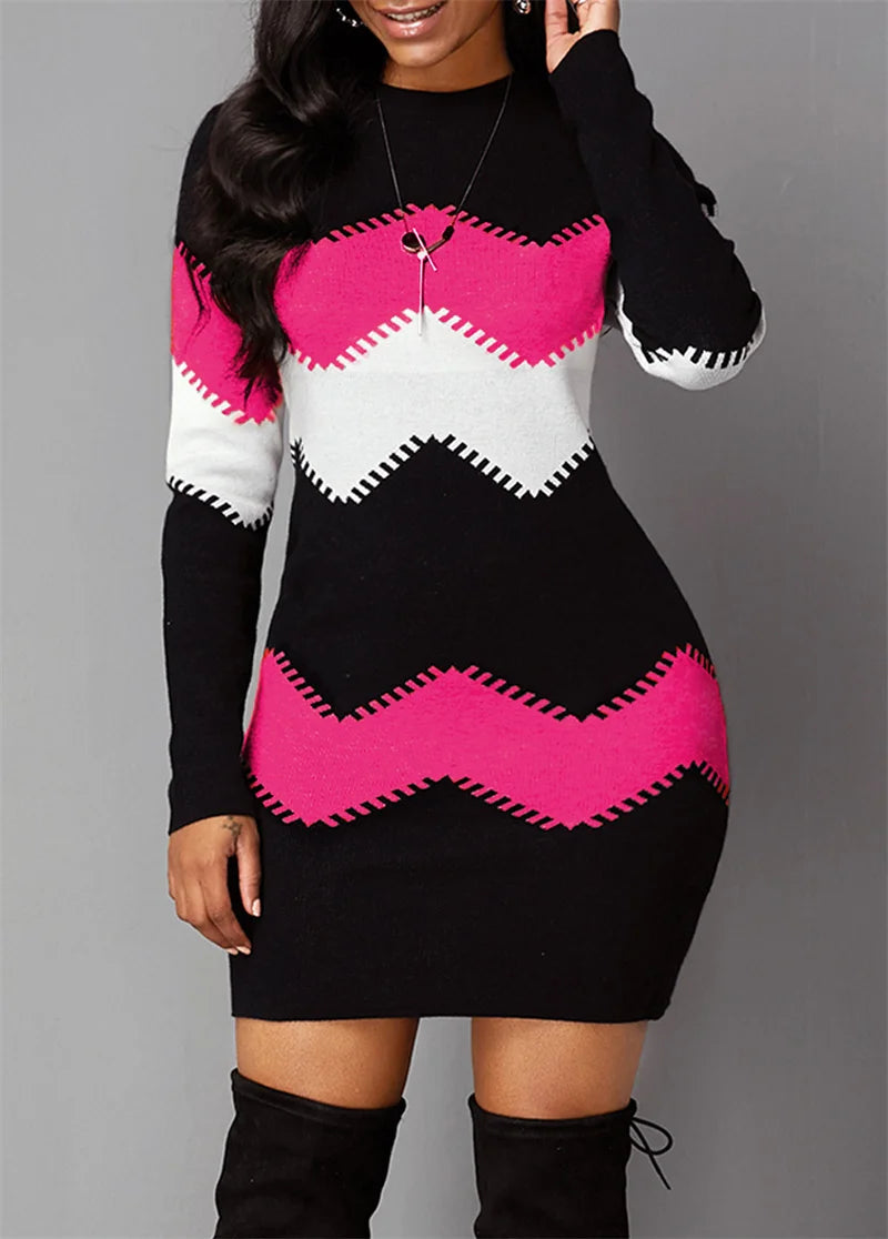 2025 Autumn Women's French Velvet Mini Dress Elegant Colour Blocking Casual Streetwear Femme Casual Slim Fit Pullover Dresses
