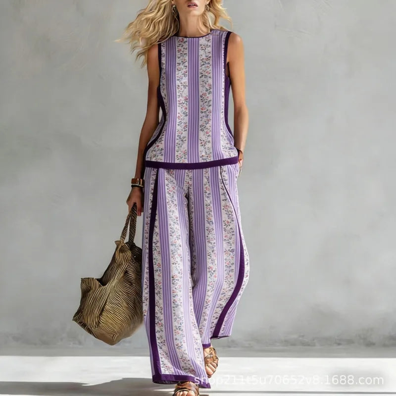 New Fashion Retro Printed Sleeveless Tops Trousers 2-piece Sets Women's Summer Casual Vest Loose Wide Leg Trousers Female Suit