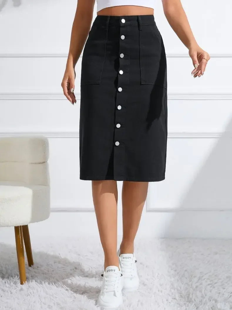 Women Waist Stretchy Denim Pencil Skirt, Midi Knee Length Slit Bodycon Flattering Casual Daily Streetwear Chic Ladies Midi Skirt
