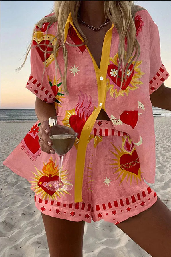 Summer New Print Beach Holiday Set For Women Fashion Short Sleeve Buttoned Shirt Wide Legs Shorts Oversized Two Piece Set