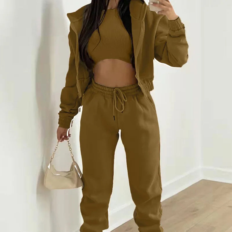 Ladies Tracksuit Zippered Hooded Jogger Tracksuit Thermal Lined Trousers Tracksuit Fashionable Athleisure Cozy Ensemble