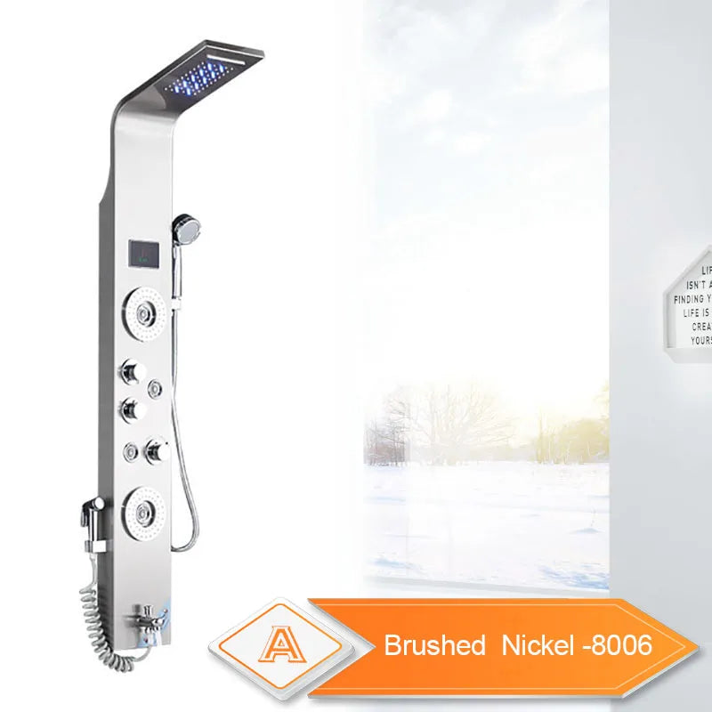 LED Light Bathroom Shower Panel Intelligent LCD Shower Column System with 6 Modes Rain Waterfall Massage Jet Bath Mixer Tap